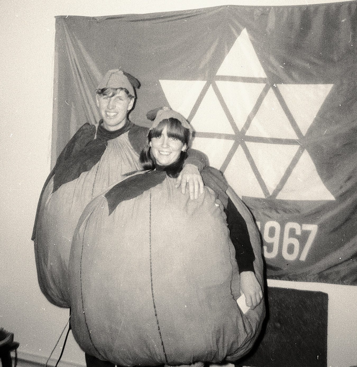 Bob and Cathie in pumpkin costumes, Hallowe'en 1967